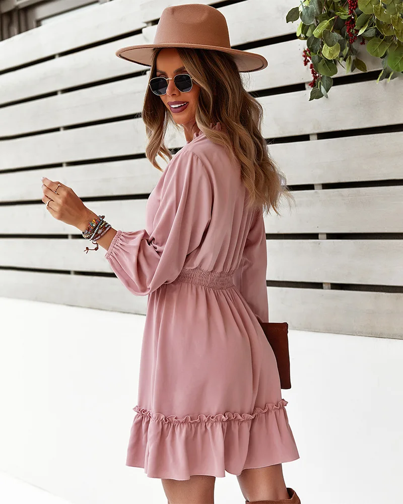 casual long sleeve v neck ruffles mini dress sexy korea fashion