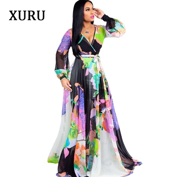 XURU Women Long Maxi Dress Floral Printed Long Sleeve V Neck Belted Chiffon Dresses Casual Beach Loose Dress Plus Size S-3XL-5XL