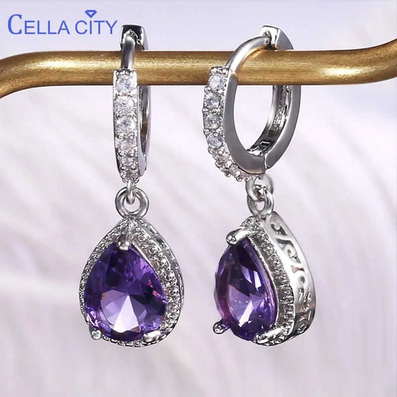 Cellacity Silver 925 Jewelry with Gemstones Water Drop Shaped Earrings for Women Amethyst Female Ear drops Anniversary Gifts