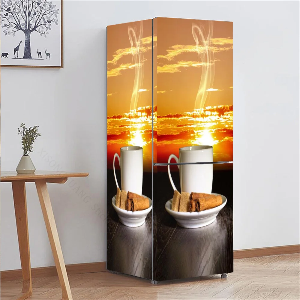 Vintage Self Stick Fridge Wrap Human Flower Beach Vinyl Door Mural Sticker For Refrigerator Peel and Stick Removable Wrap Decal