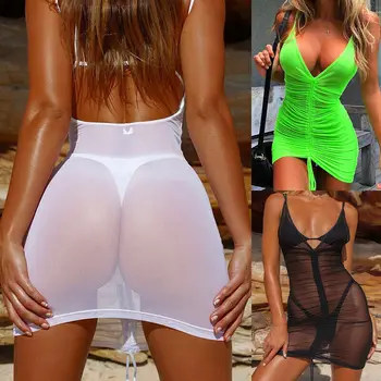 

Plus Size Women Sexy Sheer V Neck Ruched Mesh Drawstring Mini Dress Party Summer Bikini Cover Up