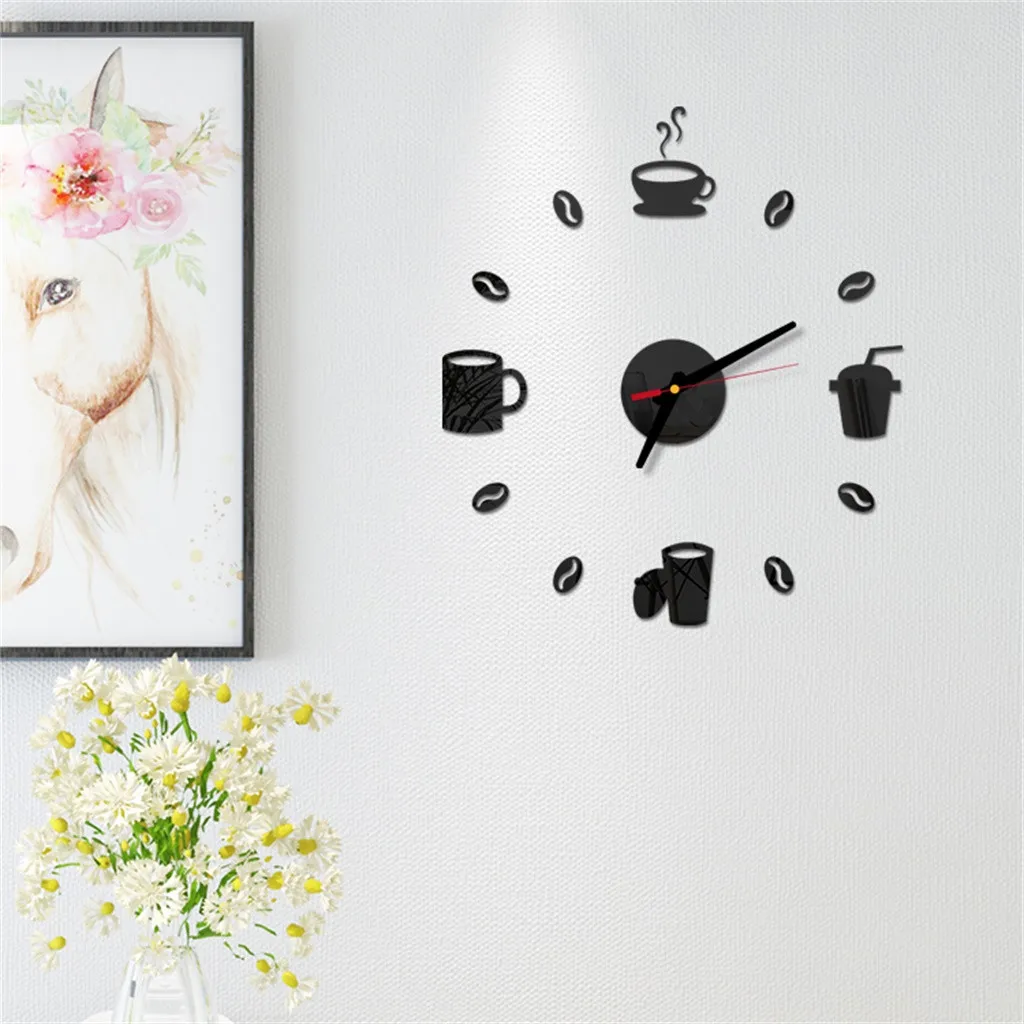 DIY Large Wall Clock Frameless Giant Clocks Mirror Sticker Modern Design Cafe Coffee Milk Drinking Cup Wall Decor For Kitchen