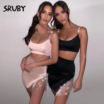 

Sruby Summer Tassel Diamond Sexy 2 Piece Set Women Satin Crop Top Short Skirt Bodycon Club Party Two Piece Set Female Outfits