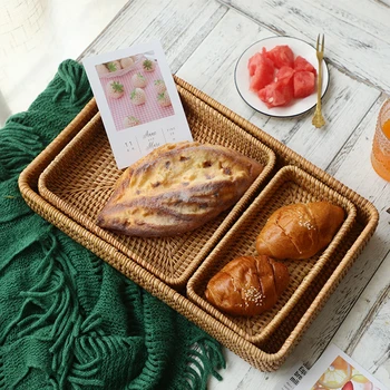 

3PCS Rattan Rectangular Tray Handmade Rattan Tabletop Fruit Platter Food Storage Tray Dessert Snack Bread Basket Tea Set Storage