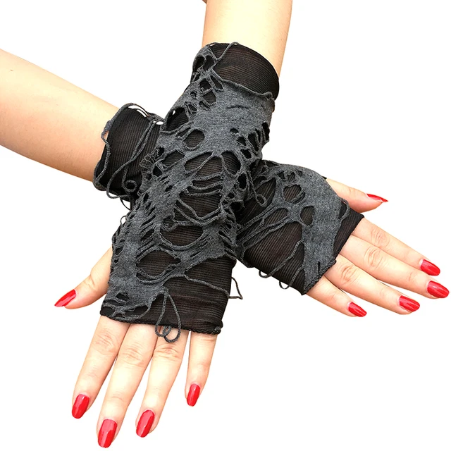 1 Pair Black Ripped Holes Fingerless Gloves Gothic Punk Halloween Cosplay Party Dress Up Accessories Shabby-Style Arm Warm Cuff
