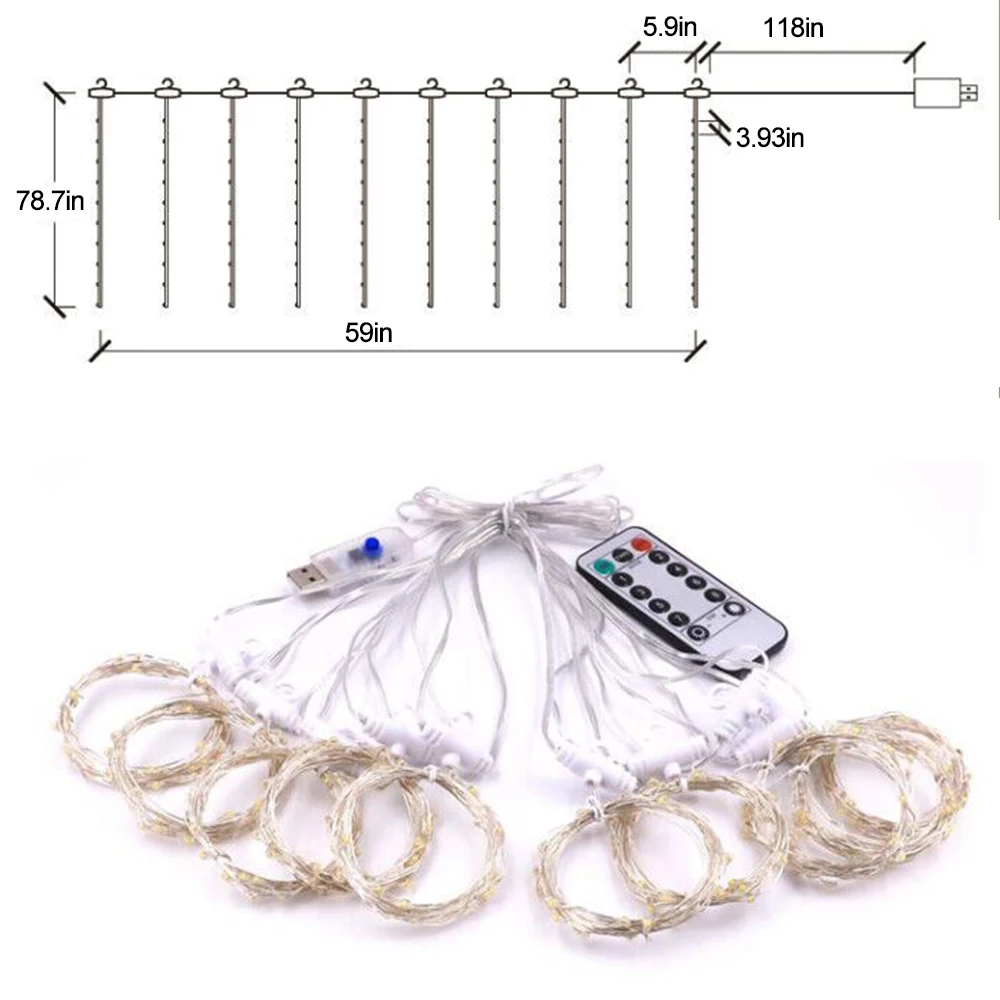 Светодиодный светильник-занавеска, струны, USB, сказочный светильник, 8 режимов, пульт дистанционного управления для окна, спальни, стены, фестиваля, украшения с крючками