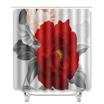 

Red Flower Shower Curtain Bathroom Waterproof Curtain Set Pedestal Rug Lid Carpet Toilet Cover Set Bath Curtain Mat Set