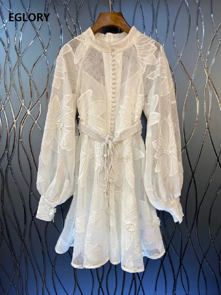 

Hollow Out Embroidery Dress 2020 Spring Summer Party White Dresses Women Exquisite Embroidery Long Sleeve String Belt Dress