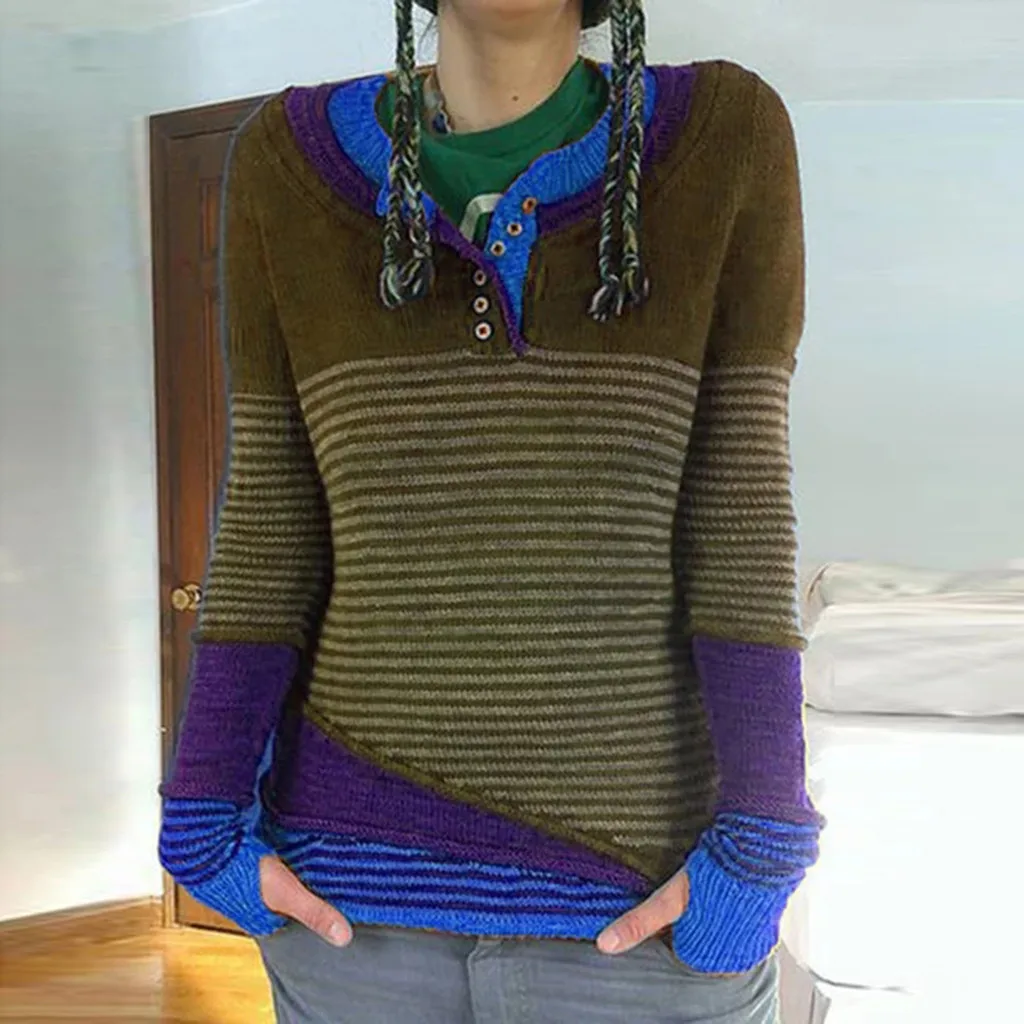 Женский винтажный Повседневный полосатый свитер из кусков на пуговицах с v-образным вырезом, уникальный стиль, вязаные топы, вязаный свитер контрастного цвета - Color: Blue