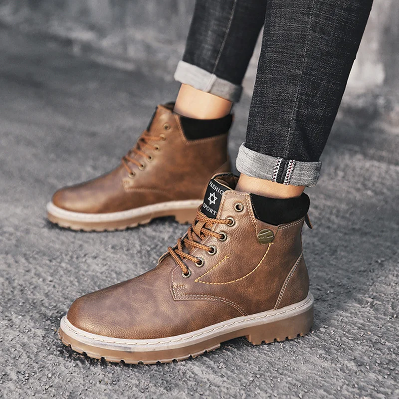 

British Ankle Boots Round Toe Platform Boots for Martin Leather Men Boots Low Heels Motorcycle Boots Lace-up Winter Boots Shoes
