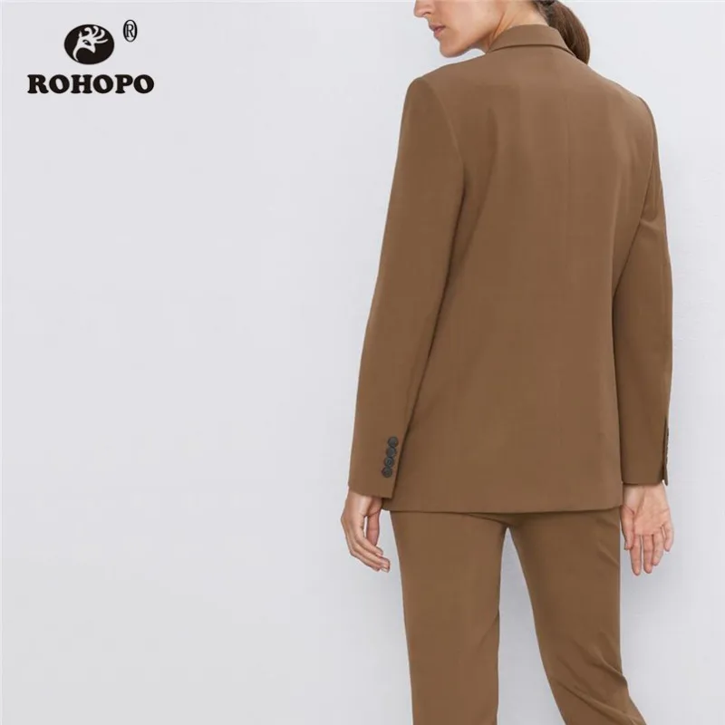ROHOPO Double Breast Side Flaps Welted Pockets Brown Blazer Notched Collar Autumn Office Ladies Solid Outwear #6193 ROHOPO Double Breast Side Flaps Welted Pockets Brown Blazer Notched Collar Autumn Office Ladies Solid Outwear #6193