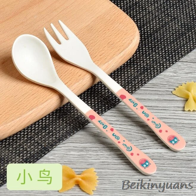 bird Детская Ложка для кормления с рисунком животных из мультфильмов и крашения, вилка, тренировочная посуда, Детская безопасная посуда для кормления, школьные принадлежности - Цвет: bird