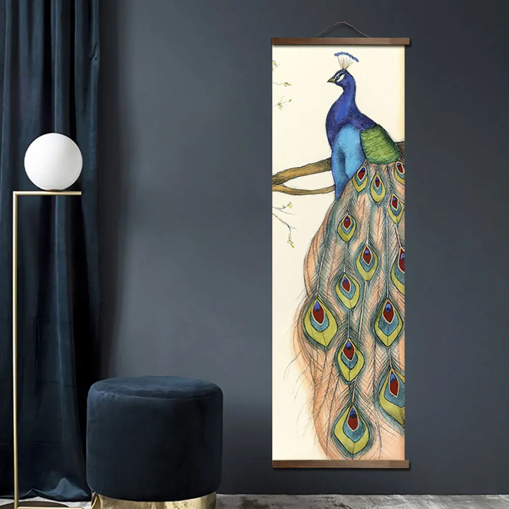 

Chinese Style Animal Peacock Canvas Decorative Painting Store Bedroom for Living Room Wall Art Solid Wood Scroll Paintings Decor