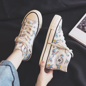 

2019 Autumn New Women Canvas Shoes with Big Ears Small Flying Elephants Girls Sneakers Cartoon Animals High Top Trainers 35-40