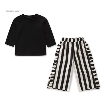 

Fall 2020 Girls' Set Black Top + Striped Split Wide Leg Pants