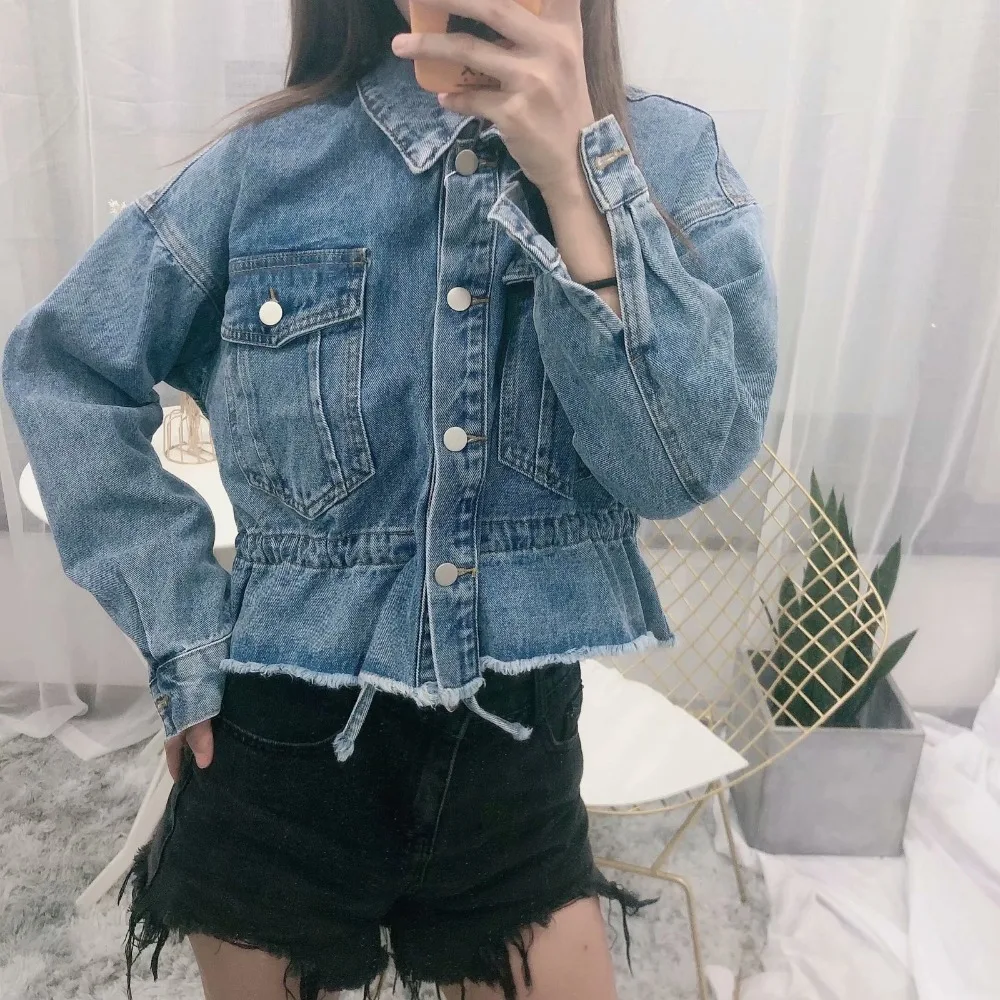 Новые осенние женские модные однотонные синие джинсовые куртки с отложным воротником женские свободные элегантные джинсовые пальто с рукавами «летучая мышь» верхняя одежда