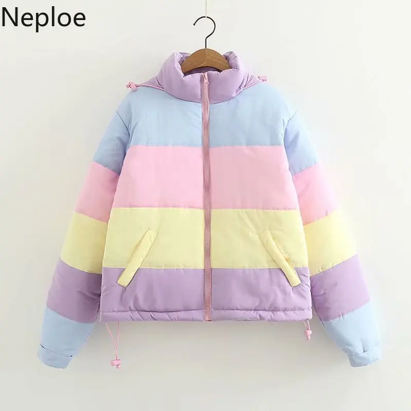 Neploe Kawaii японский Conrast цвет пальто с радужным принтом женские зимние толстые короткие патч Abrigos Mujer Invierno Свободная куртка 46192
