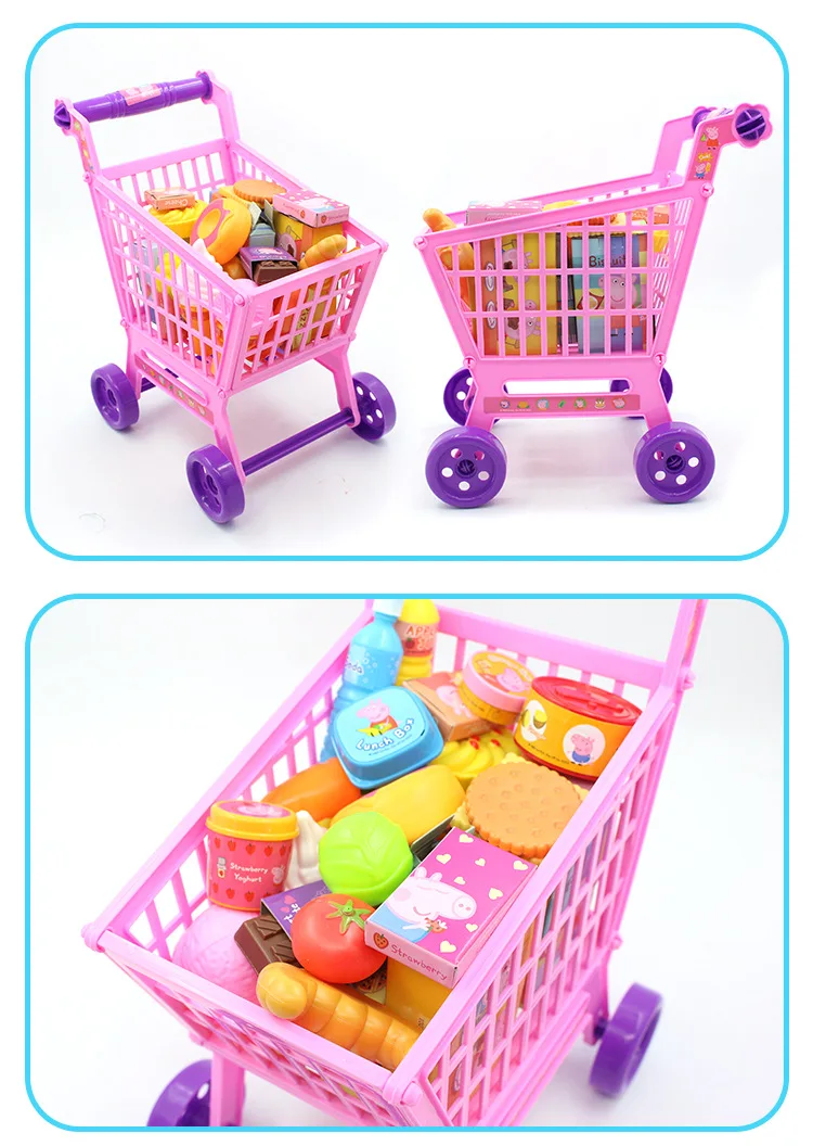 Model Play House Cartoon Educational Toy Boxed Pink Piggy Supermarket Cash Register Hand Push Shopping Cart Set