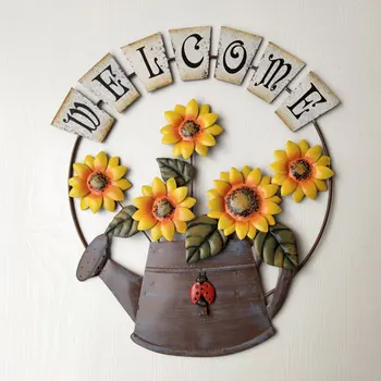 

Pastoral Retro Wrought Iron Sunflower Welcome Sign for Front Door Hanging Welcome Wall Plaque Home Garden Decorations