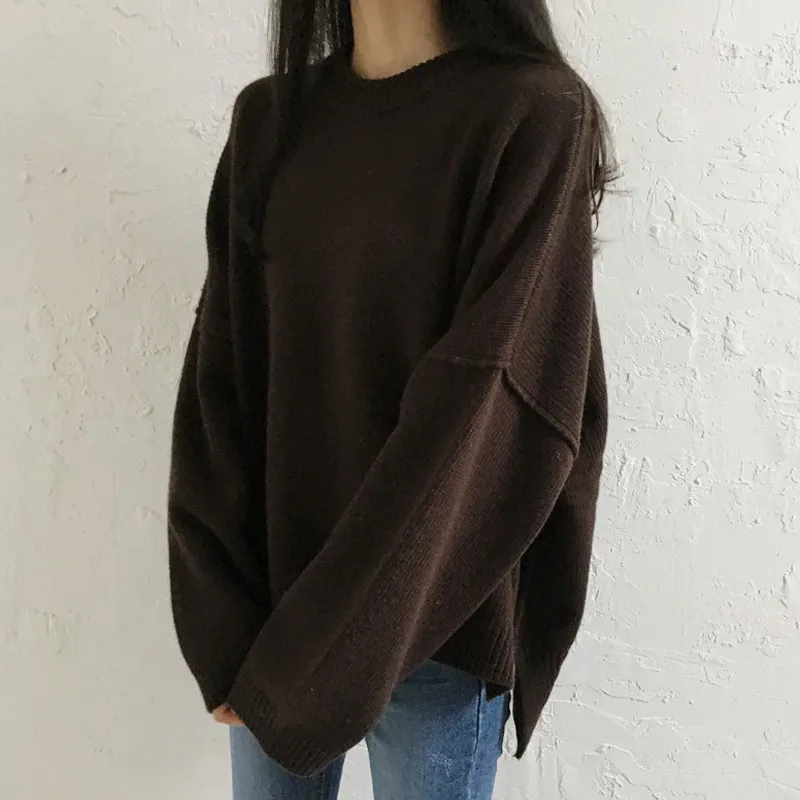 Однотонный винтажный Свободный вязаный свитер осень-зима с длинным рукавом Женские топы пуловеры модные свитера с высоким воротником для девочек