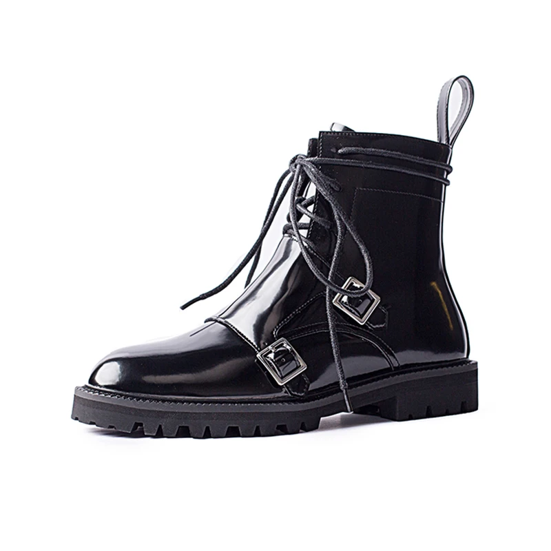 Bottes femme/новая зимняя обувь; женские мотоциклетные ботинки; ботильоны из лакированной кожи с украшением в виде пряжки; женская обувь; botas mujer