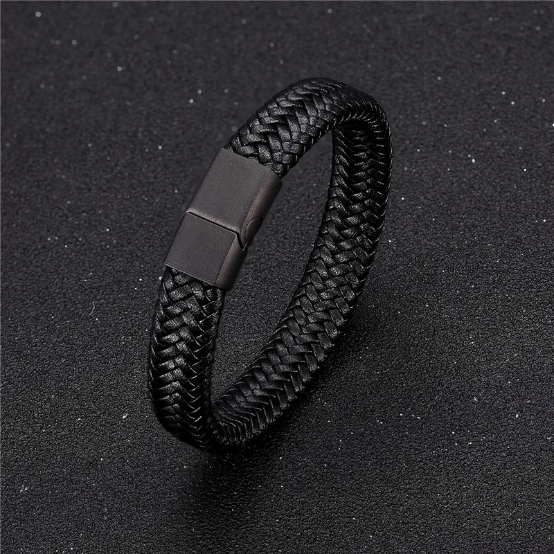 Bracelet Jewelry MKENDN Punk Men Leather Bracelet Black Stainless Steel Magnetic Clasp Braided Woven Bangle Pulseras lovers' gift