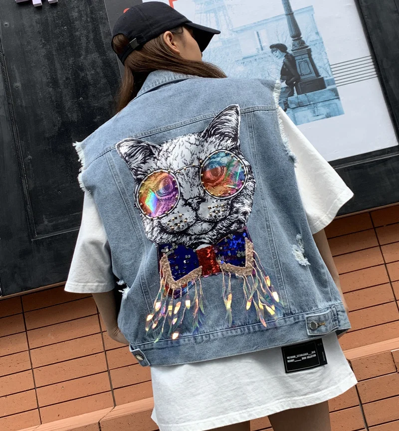 

Denim Vest Women Women's Loose 2023 New Fashion Autumn Cartoon Cat Printed Hole Vest Jacket Chalecos Para Mujer Gilet