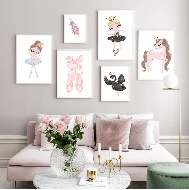 Nordic Ballet Princess Baby Nursery Unicorn Wall Art Canvas Painting Swan Wall Pictures For Children Kid Girl Room Decor