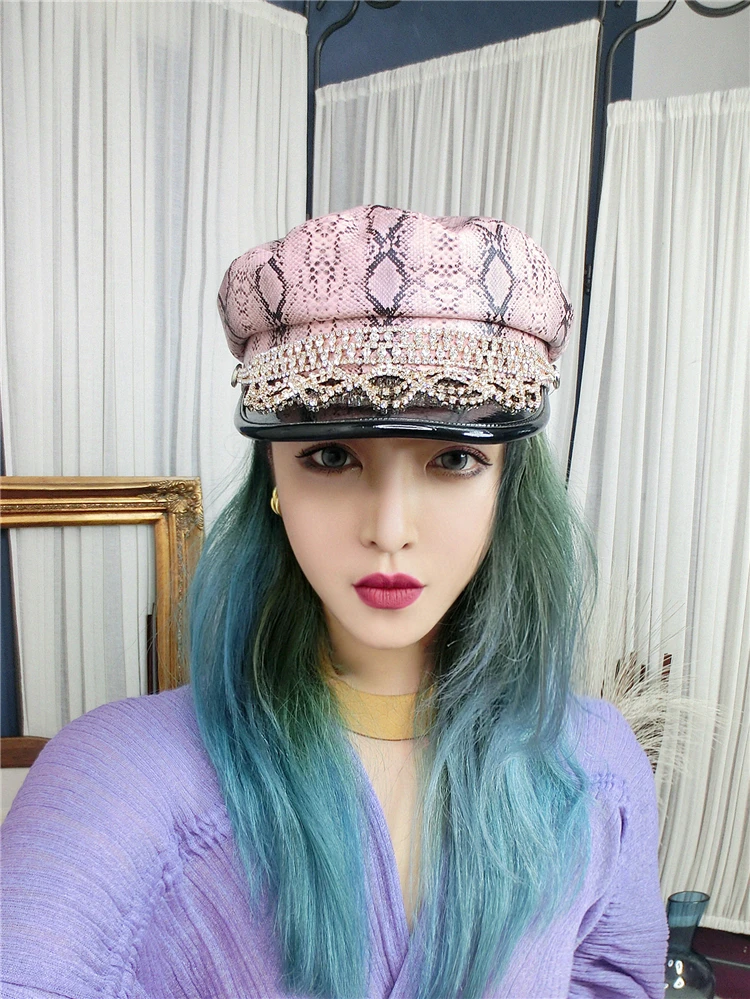 WHITNEY WANG осень зима мода уличная бриллианты Лоскутная змея Леопард ПУ кепка газетчика женские береты из искусственной кожи