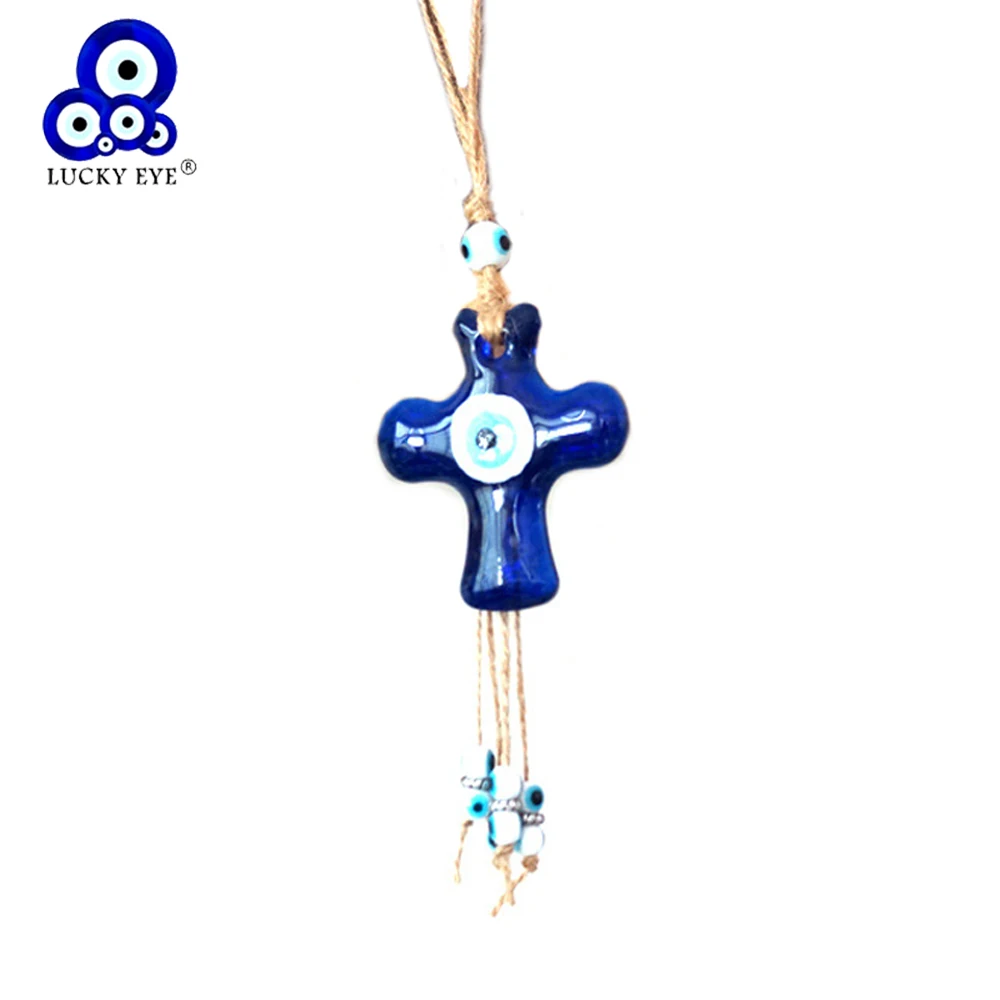 

Lucky Eye Glass Cross Blue Evil Eye Keychain Rope Ring Car Keyring Key Chain Holder Wall Hanging Jewelry for Women Men LE243