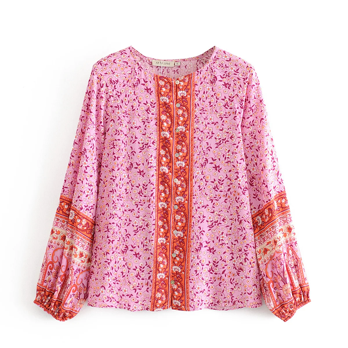 

2021 Spring Autumn Women's Blouse Purple Floral Long Sleeve O Neck Beach Boho Style Holiday Female Shirt Tops Girls Blusa