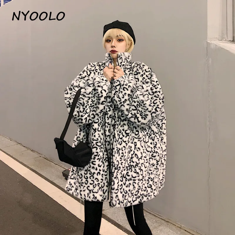 NYOOLO Harajuku уличный стиль леопардовые утолщенные теплые куртки осень-зима свободные длинные рукава на молнии куртка женская Свободная верхняя одежда