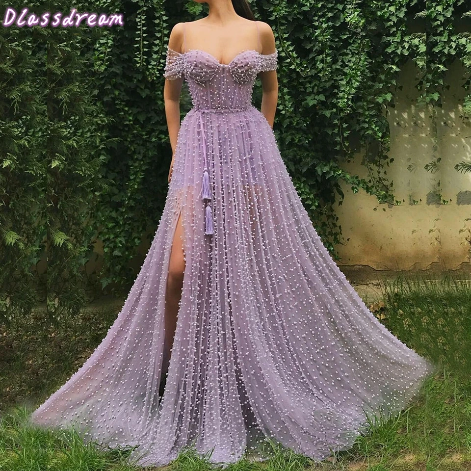 

luxury Evening Dresses 2020 New Women Formal Party Purple Robe De Soiree Beading Off The Shoulder Tulle Vestidos Long Prom Dress