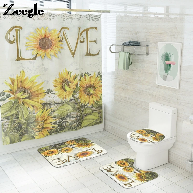 Scenic Floral Bathroom Mat Bath Floor Mat Toilet Carpet Rugs Toilet Foot Mat Bathroom set with Shower Curtain Japan Style Scenic