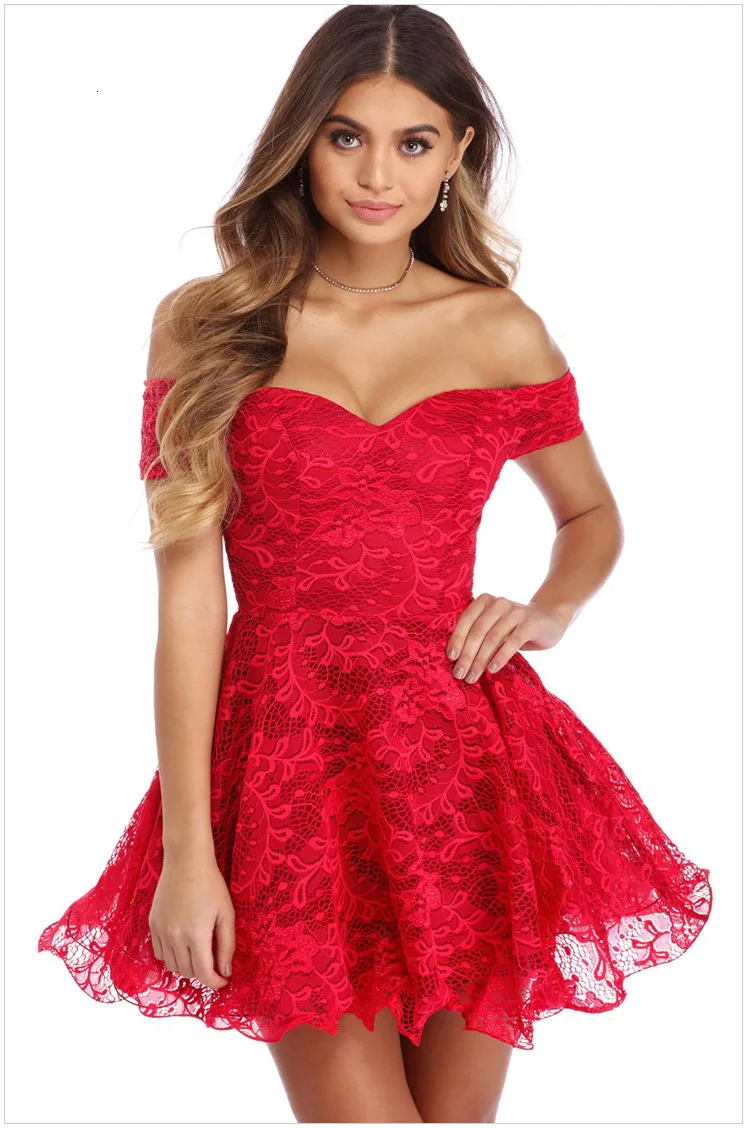 BGW Sexy V Neck Off Shoulder Short Sleeves A Line Lace Mini Cocktail Dresses Zipper Back