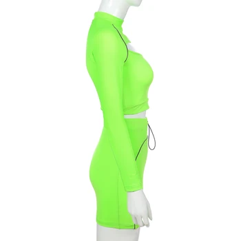 

Neon Cut Out Two Piece Set Top And Skirt Patchwork Reflective Striped Long Sleeve Crop Women Rave Tracksuit