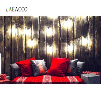 

Christmas Background Photography Wooden Wall Shiny Bulb Light Pillow Party Gift Baby Portrait Photo Backdrop For Photo Studio