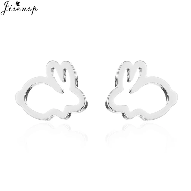 Jisensp Silver Plated Earrings Lovely Tiny Rabbit Ear Stud for Women Girls Cartoon Bunny Earring Fashion Jewelry Gift GED065S