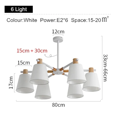 Нордическая E27 люстра, современная деревянная люстра для дома, столовой, гостиной, Подвесная лампа, железные художественные светильники - Цвет абажура: white 6 light
