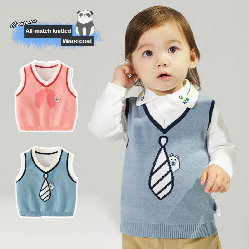 

Autumn Winter Sweaters Thick 2020 College Style Baby Boys Girls Knitted Wool Vest Cute Bow Tie Cotton Knitwear Kids Waistcoat