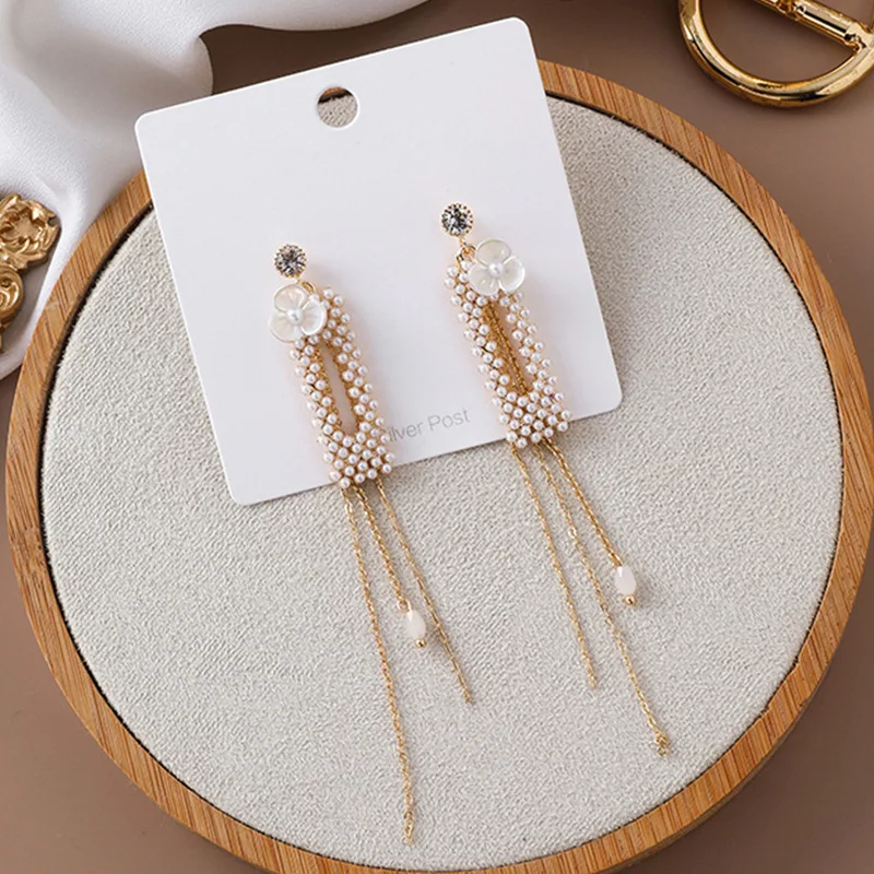 Korean Style Manual Silver Needle Imitated Pearl Shell Flower Tassel Drop Earrings for Girl Women Fashion Jewelry Accessories | Украшения и
