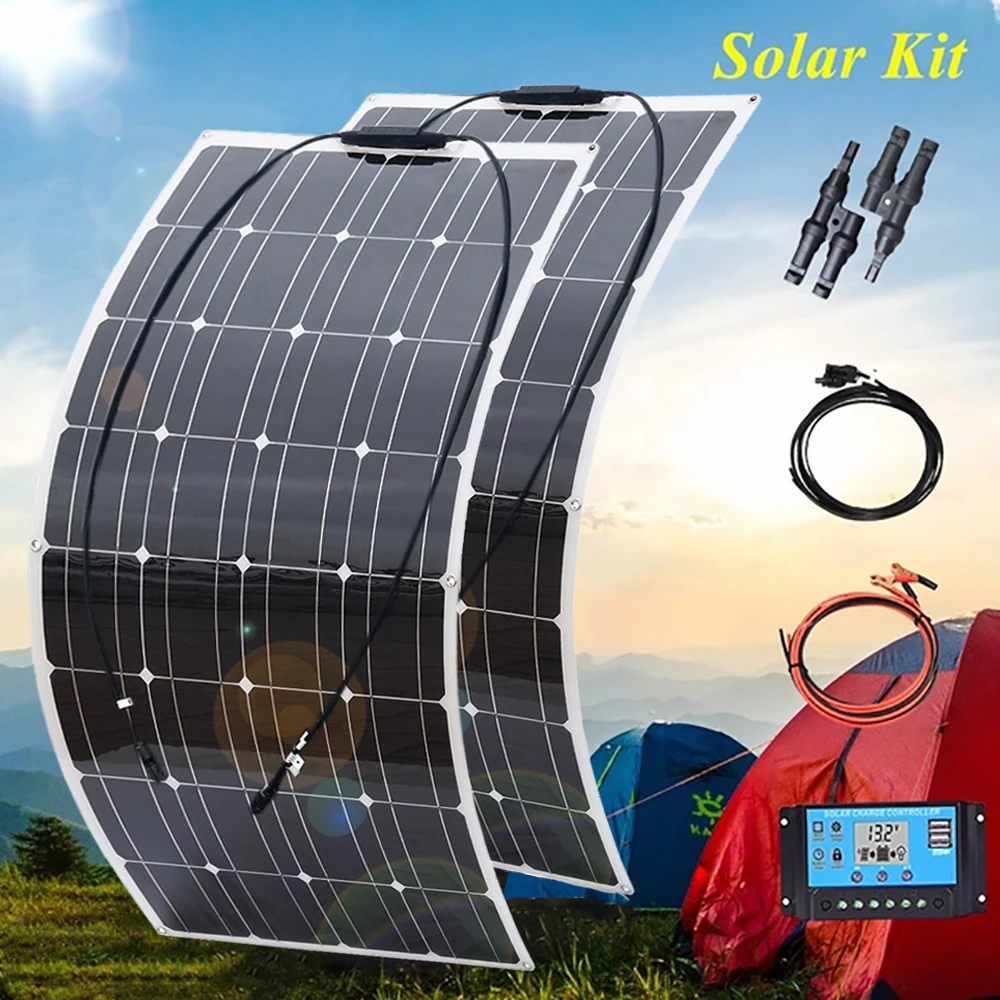 

flexible solar panel 12v 200w 100w battery charger solar cell DIY kit complete 5v usb for phone car boat RV caravan home system