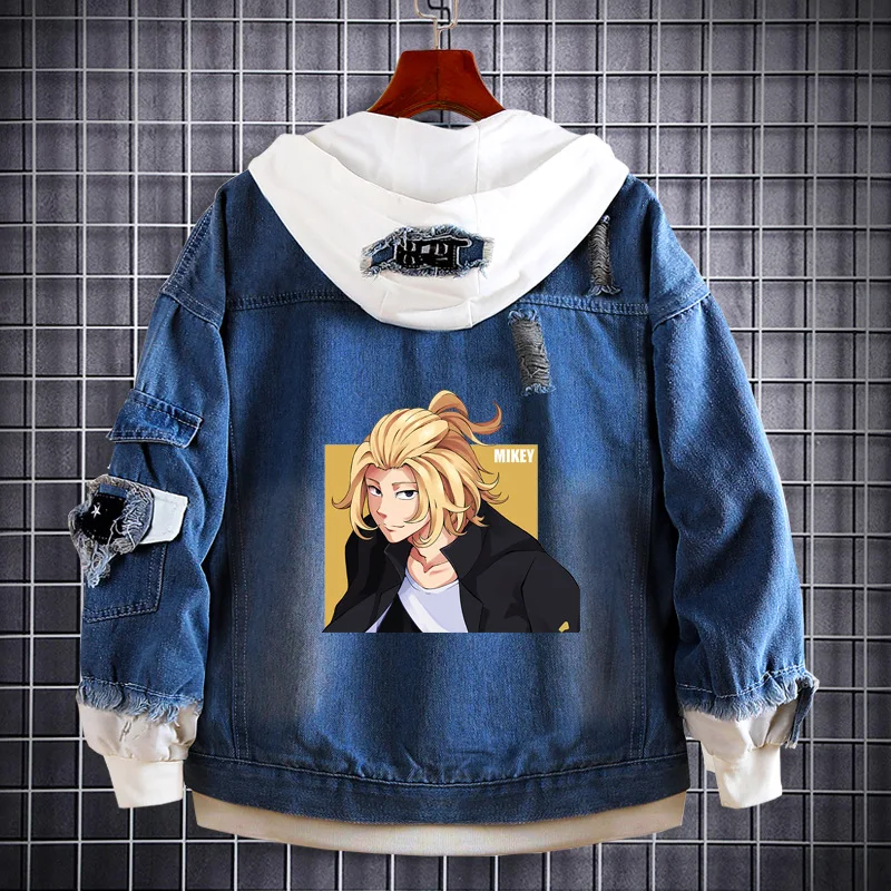 fansheng Unisex Anime Tokyo Revengers Cosplay Mikey Denim Jacket Graphic Hoodie Jacket Coat for Halloween 