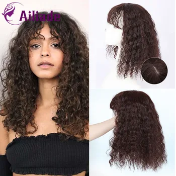 

AILIADE Simulation Human Hair Black Brown Synthetic Natural Clip Bangs Closure Women Toupees Kinky Curly Hair Topper Hairpieces