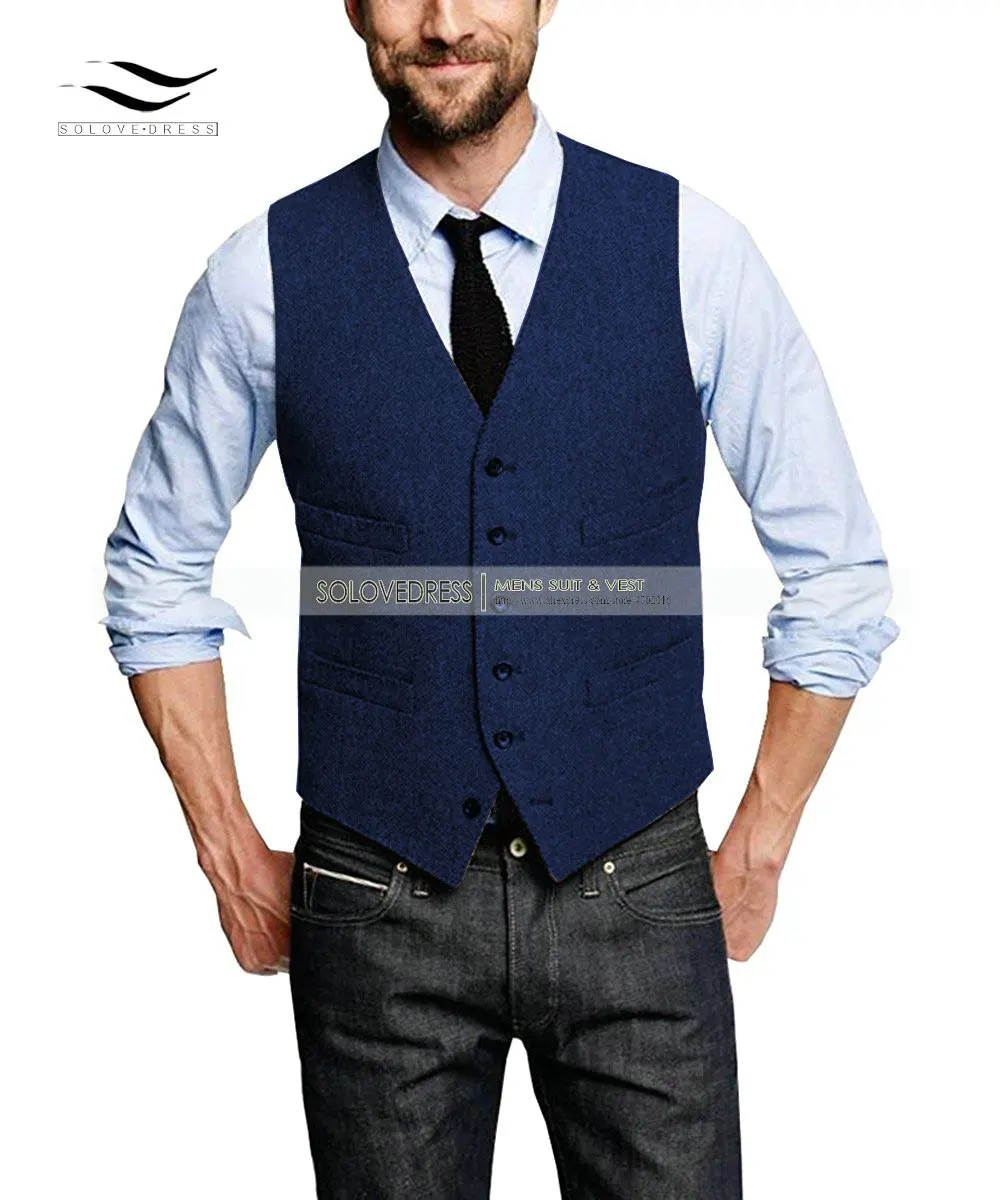 Мужской костюм жилет V образным вырезом шерсть елочка твид Повседневный жилет официальный деловой жилет Groomman - Цвет: Royal Blue