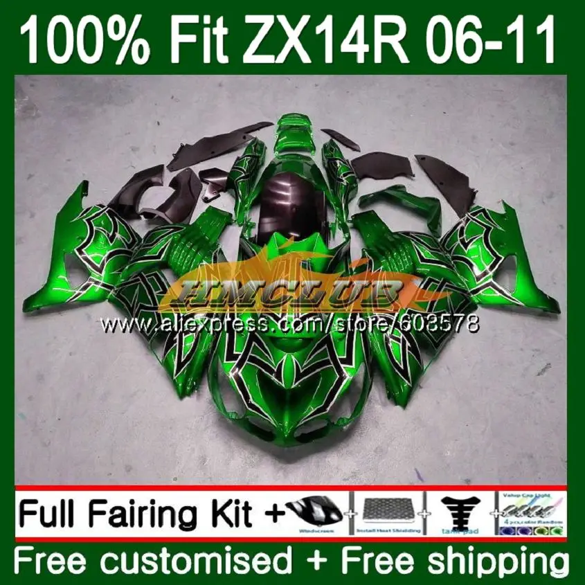 Инъекции для KAWASAKI ZZR1400 ZX14R 06 07 08 09 10 11 113CL. 0 ZX 14R ZX-14R 2006 2007 2008 2009 2010 2011 обтекатель цвета: зеленый, черный - Цвет: No. 1
