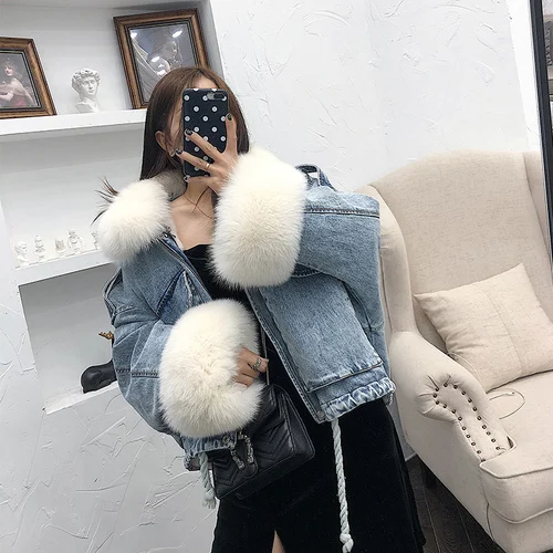 blue white Женская зимняя джинсовая куртка OFTBUY, с натуральным мехом лисы на воротнике и манжетах и съемной подкладкой из кроличьего меха, теплая свободная парка, уличная одежда - Цвет: blue white