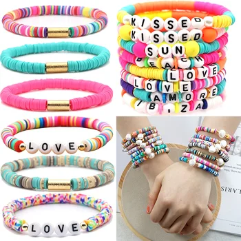 

KSRA Bohemia Love Initial Polymer Clay Beads Bracelet For Women Boho Handmade Rainbow Polymer Clay Bracelets Female Jewelry