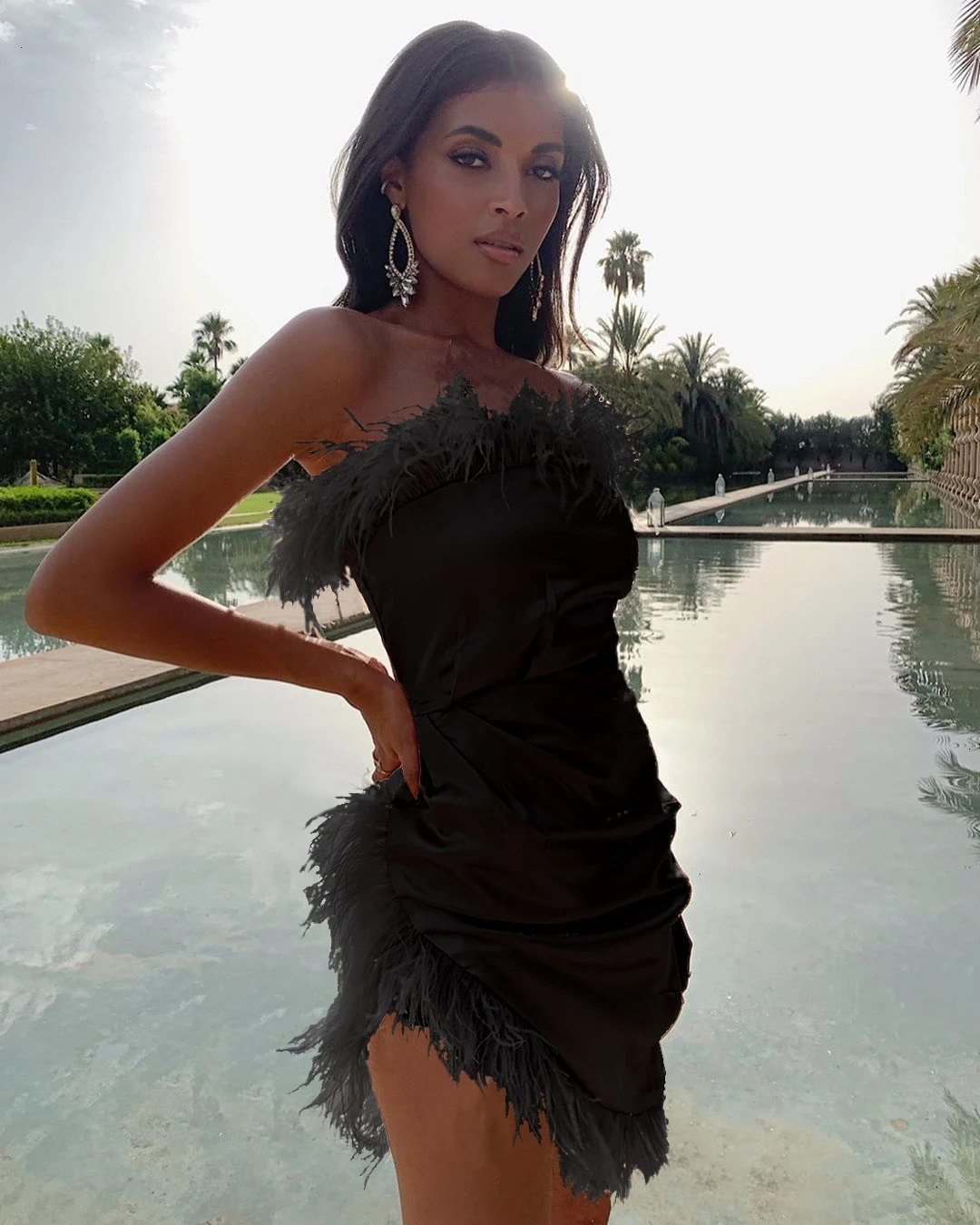 427-Black Justchicc/вечерние женские платья с открытыми плечами и перьями, плиссированные сексуальные платья с высоким разрезом, длинное осеннее сатиновое элегантное платье миди Vestidos - Цвет: 427-Black