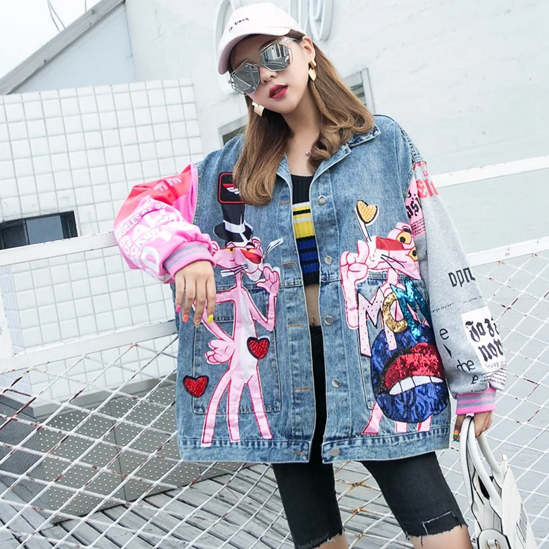 SexeMara/Модная новая свободная джинсовая куртка с блестками и принтом